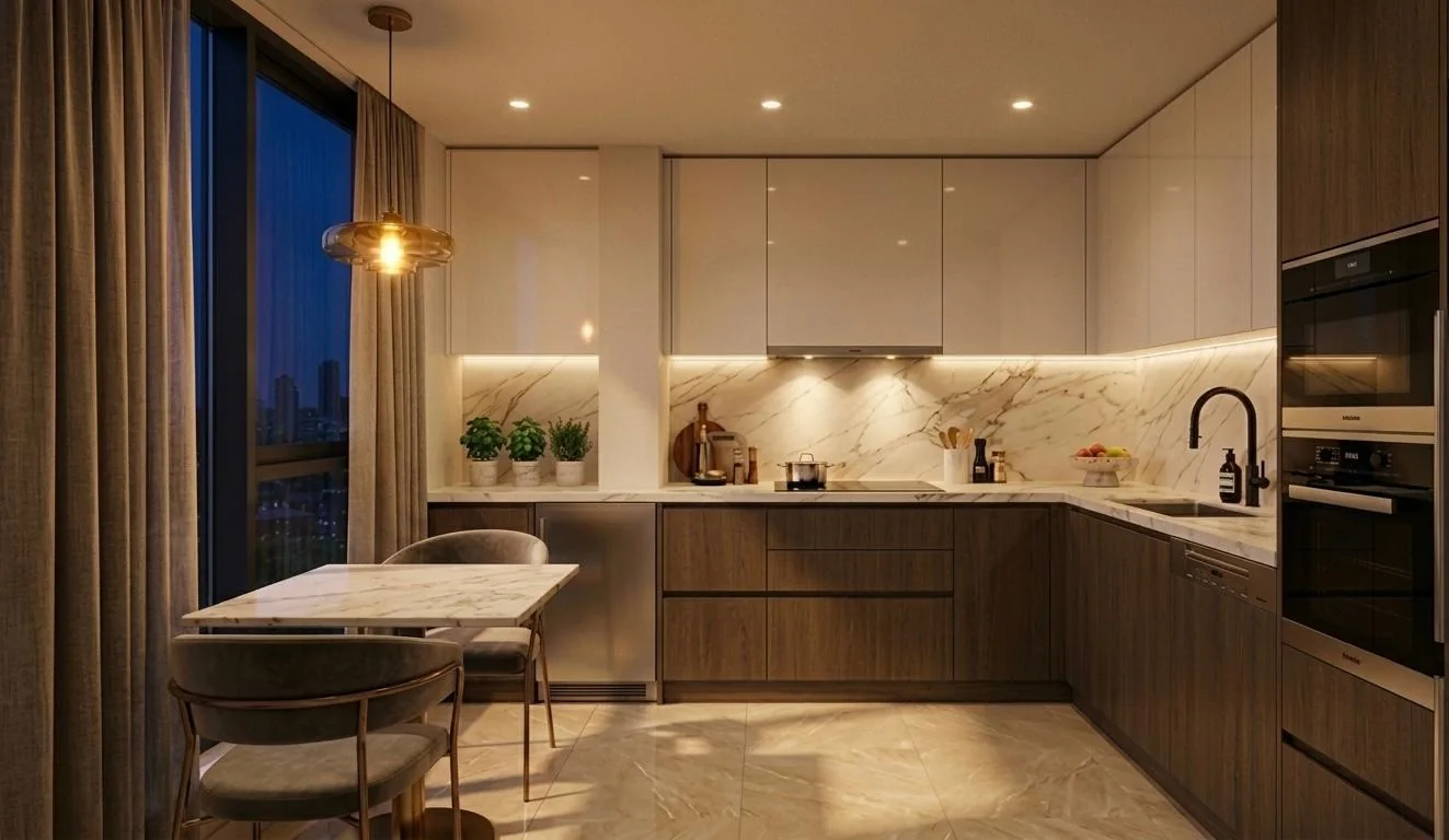 Mermer tezgâhlı, ceviz dolaplı modern mutfak